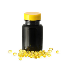 Bottle with gel pills on white background