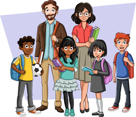 Obraz premium Cartoon teenager students with teachers. Students carrying books and backpack.