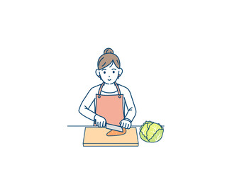 Fototapeta premium 料理 野菜を切る主婦 エプロン姿の女性 イラスト