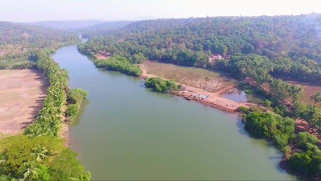 A drone shot of Aravali river in Goa.