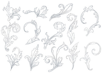 手描きのシルバーのツタ模様セット　ベクター素材