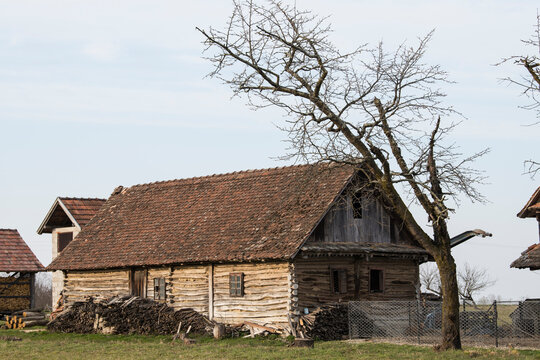 Sunja, Croatia, April 20,2021 :Abandoned traditional old wooden house. 