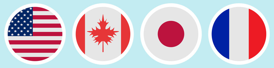 Flags of different countries. A set of stickers on a white backing. Collection of vector icons. Isolated background. USA, Canada, Japan, France. National symbol of the state. Political themes. 