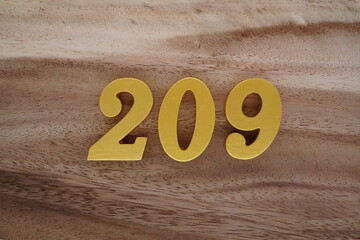 Golden Arabic numerals on a real brown and white wooden floor number 209