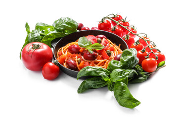 Frying pan with delicious Pasta Puttanesca and ingredients on white background