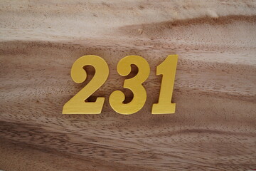 Golden Arabic numerals on a real brown and white wooden floor number 231