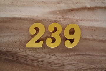 Golden Arabic numerals on a real brown and white wooden floor number 239