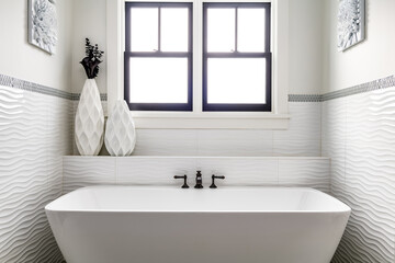 Contemporary Freestanding Bathtub. White bathroom with white custom tile and black faucet. Modern...