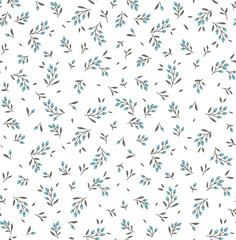 Cute pattern in small berries and leaves. Small blue flowers. White background. Small cute simple spring flowers.