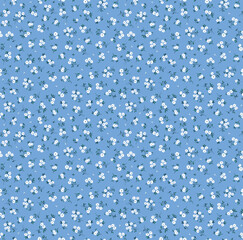 Vintage seamless floral pattern. Ditsy style background of small white flowers. Small blooming flowers scattered over a pale blue background. Stock vector for printing on surfaces and web design.
