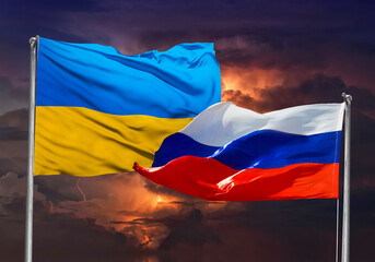 Ukraine Flag on Urss Russia Flag with storm sky in background