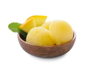 Bowl with tasty melon sorbet on white background