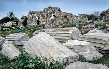 Side. Ruins of the greek temple. Apollo Temple. Pillars. Turkey Antalya. Mediterranean Sea. Broken Pillars.
