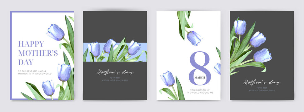 Elegant Mother's Day, 8 march woman's day, greeting card, poster, banner. Vector, watercolor purple tulip flower with green leaf bouquet floral frame. Spring, stylish postcard template set, collection