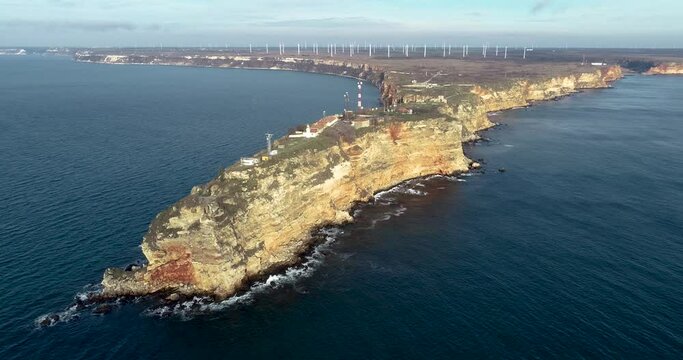 Aerial view of Kaliakra Cape, Bulgaria, Black Sea. Kaliakra is a nature reserve. It sits on the Via Pontica, a major bird migration route from Africa into Eastern and Northern Europe.