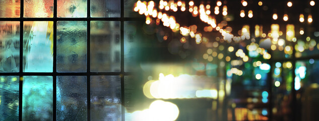 glass window with blur lamp light party at bar in the city night banner background
