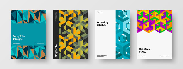 Multicolored handbill design vector layout collection. Trendy mosaic pattern poster concept bundle.