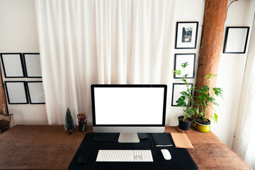 home office desk,Computer screen on a wooden table in the house