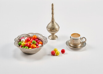 Candy turkish style ramadan with coffee table style on the white table.