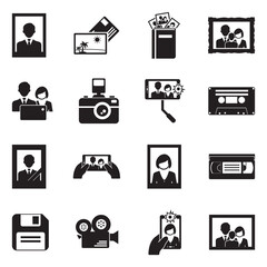 Memories Icons. Black Flat Design. Vector Illustration.