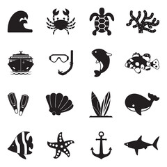 Ocean Icons. Black Flat Design. Vector Illustration.