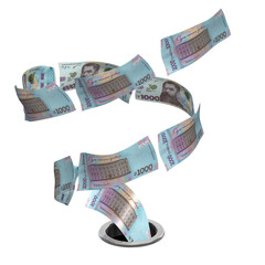 3D render Ukrainian hryvnia  flying to drain - crisis concept	