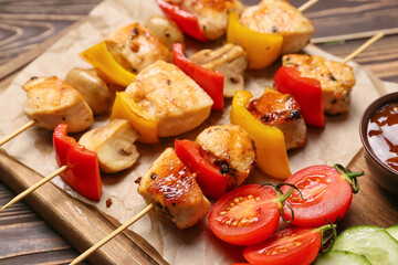 Wooden board of grilled chicken skewers with vegetables on table, closeup