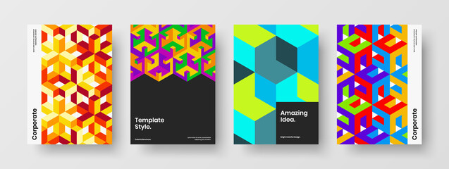Obraz premium Fresh book cover A4 vector design layout composition. Creative mosaic hexagons annual report concept set.