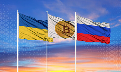 Flags of Russia and Ukraine and the flag of Bitcoin in the middle. The concept of exchange between the two countries in digital currency