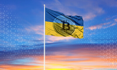 Ukraine flag with bitcoin symbol inside it. The concept of e-commerce and digital currencies