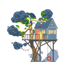 Tree-house with string light at evening. Vector illustration isolated on white background - 492033593