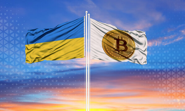 The flag of Ukraine and the flag of the Bitcoin coin. Cryptocurrency concept