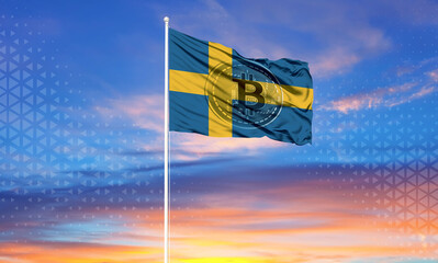 Sweden flag with bitcoin symbol. The concept of the state's dealing with digital currency