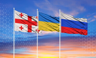 Flags of Georgia, Russia and Ukraine. The concept of relations between the three countries