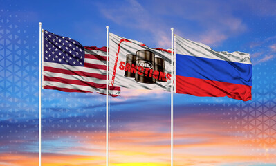 Flags of America and Russia and a white flag in the middle with the symbol of oil