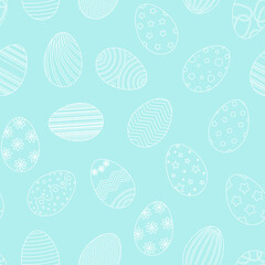 Delicate pastel heavenly seamless Easter pattern. The contour egg on blue background. Festive template for paper, fabric, packaging and design vector illustration