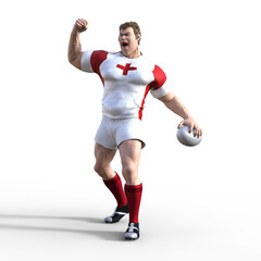3D Illustration of a English Rugby Player as they fist pump the air in celebration after scoring a try and winning the championship rugby match. A stylized rugby character with superhero features.