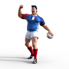 3D Illustration of a French Rugby Player as they fist pump the air in celebration after scoring a try and winning the championship rugby match. A stylized rugby character with superhero features.