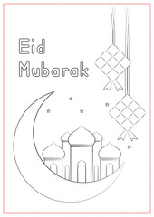 Children Learning Printable - Coloring Islamic Mosque and Ketupat for Ramadan Festival