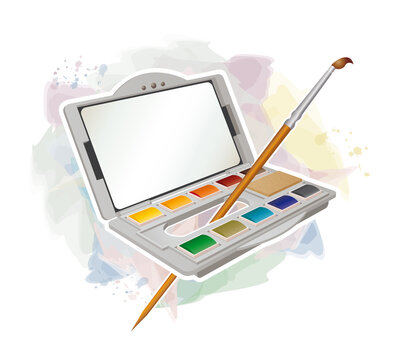 watercolor palette with brush, colorful art supplies clip art preview