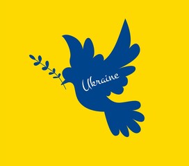 Obraz premium Flag of Ukraine in the form of a dove of peace. The concept of peace in Ukraine. Pray for Ukraine. Crisis in Ukraine. Stop war map. Vector illustration