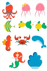 Fototapeta na wymiar Set of cartoon sea creatures