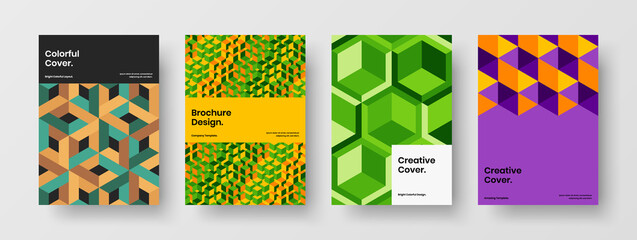 Fototapeta premium Simple geometric tiles corporate cover template bundle. Multicolored leaflet A4 vector design layout set.