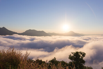 Beautiful sunlight and fog at Phu Thok Mountain at Chiang Khan ,Loei Province in Thailand