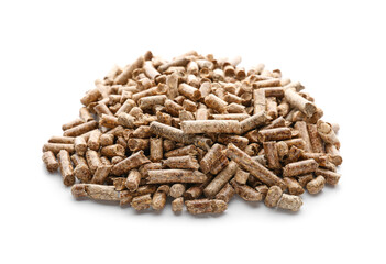 Pile of wood pellets on white background