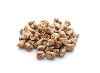 Pile of wood pellets on white background