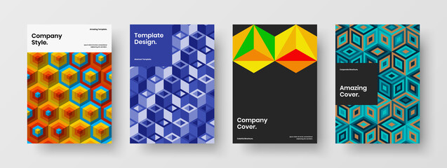 Isolated booklet A4 vector design layout collection. Bright geometric hexagons placard concept composition.