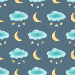 Seamless pattern with crescent, cloud and stars. Illustration.