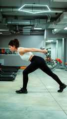 Obraz premium low angle view of young woman with closed eyes exercising with heavy barbell in gym