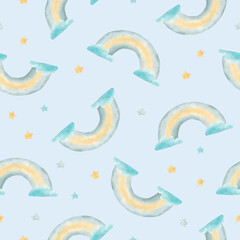 Blue seamless pattern with rainbows. Illustration.